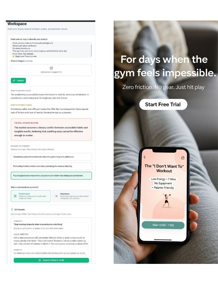 GrowthGPT creative workspace showing AI analysis, strategic reasoning, and concept generation